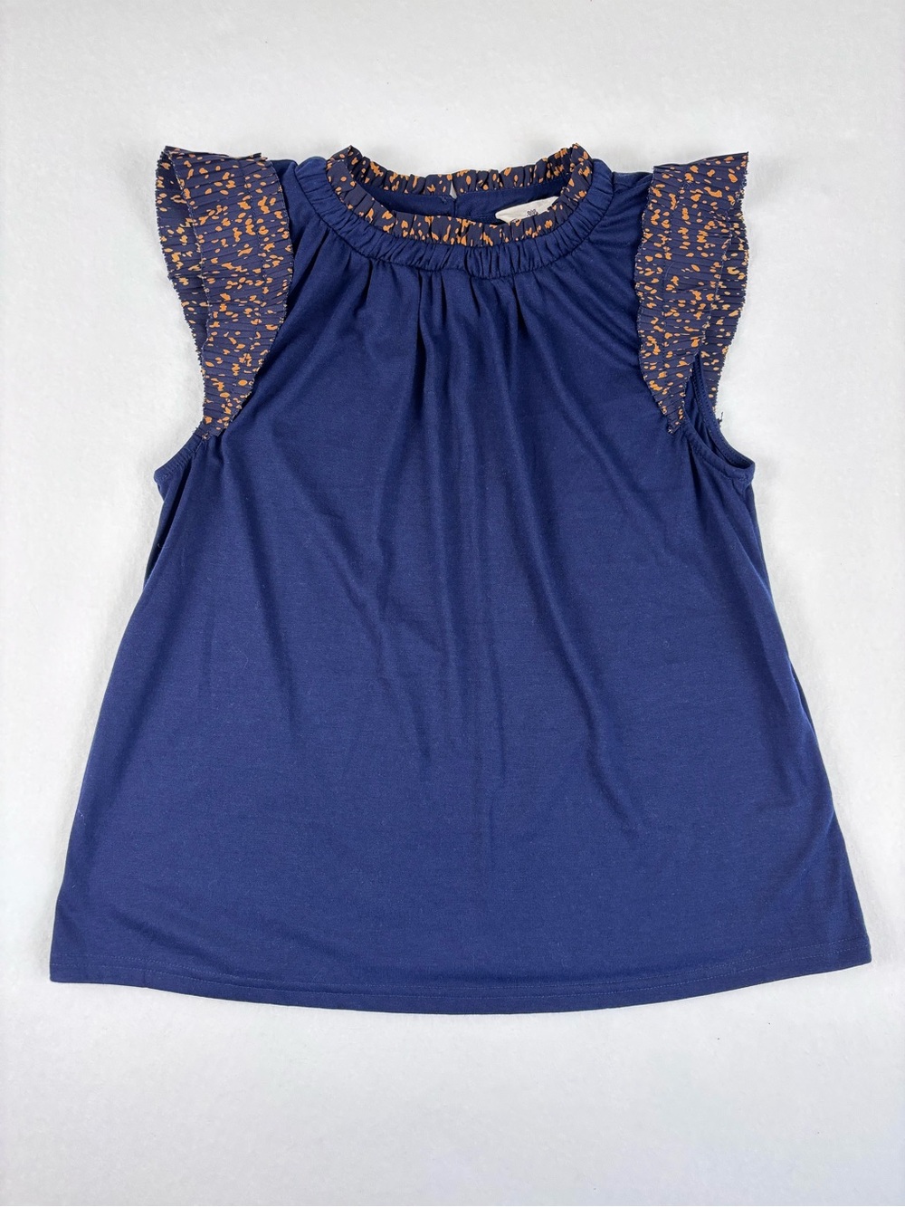 Navy Sleeveless Ruffle Top with Printed Trim women’s M